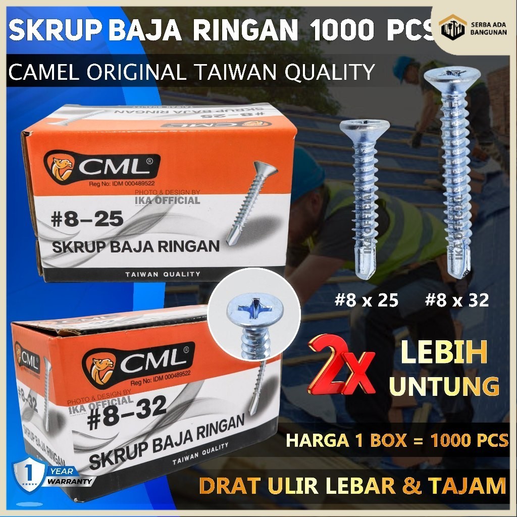 SAB PER KOTAK Sekrup Skrup Baja Ringan GRC KalsiBoard CAMEL 8 x 25 (2,5cm) 8 x 32 (3,2cm) / CAMEL Sk