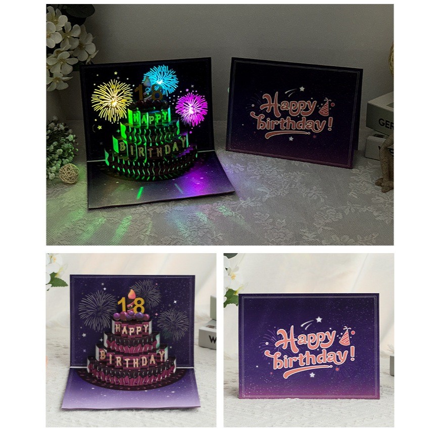 

new! Langit berbintang ungu meniup lilin kartu ucapan tiga dimensi kue ulang tahun 3D kartu berkat musik pesan hadiah kreatif