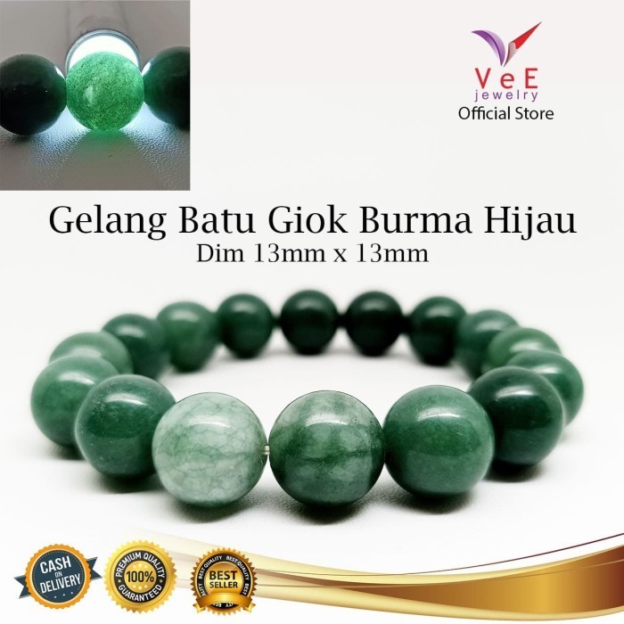 Gelang Batu Giok Burma Asli Hijau Pekat 13mm - VeE Gelang Kesehatan