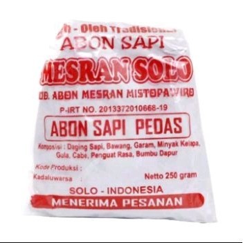 

Abon Sapi Mesran Pedas 250g oleh oleh tradisional khas Solo gurih Enak