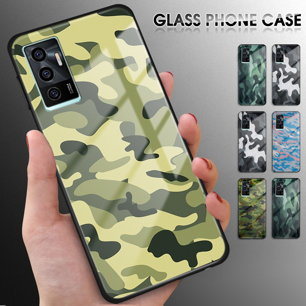 Untuk Vivo V23E V23 5G V21 V21E V20 Luxury Soft Edge Camouflage Pattern Glossy Casing Tempered Glass