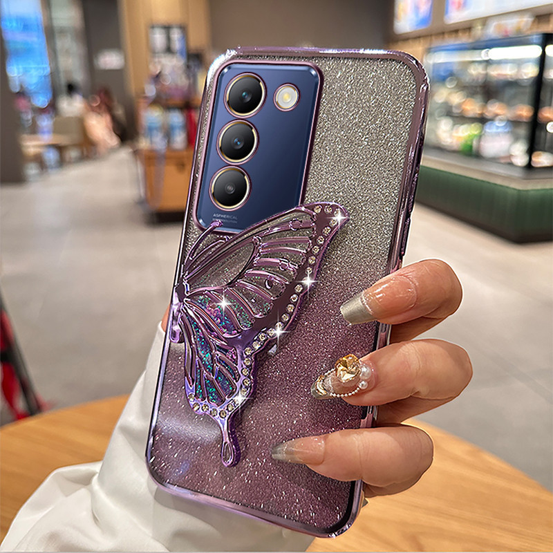 Casing HP Vivo Y100 5G Y21D berlian mengkilap Cairan Bening Berdiri kupu-kupu braket silikon lembut 