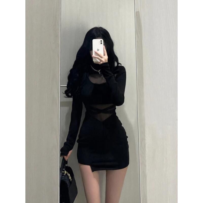 9086 gaun lengan panjang hitam brokat kondangan pendek wanita black dress long sleeve dress   mini O