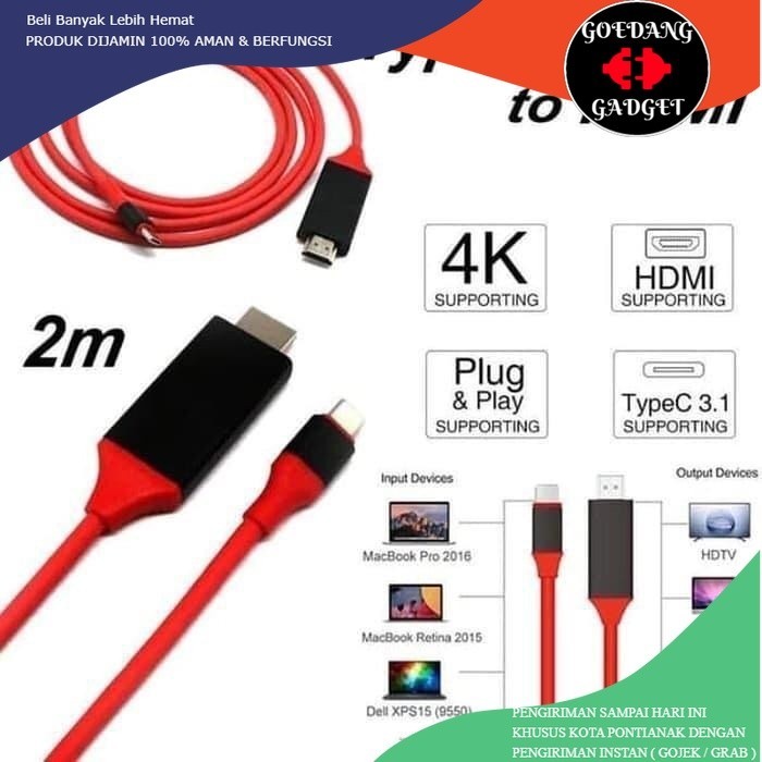 KABEL MHL USB TYPEC TO HDMI HDTV CABLE HDMI - KABEL TYPE C TO HDMI 2 METER WITH USB 3.1 LAYAR HP KE 