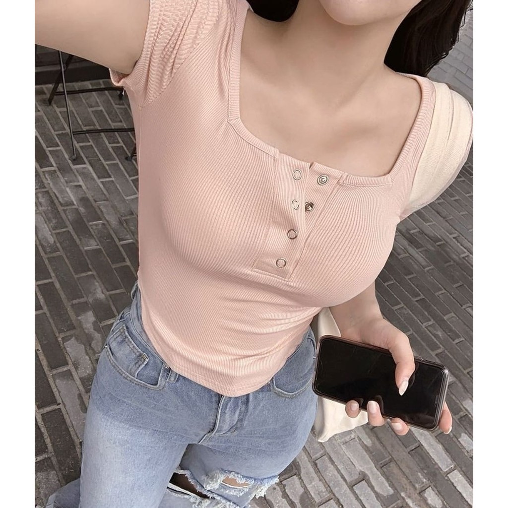 BLOUSE KOREA / Chelsea Crop Top Kancing Lengan Pendek / Baju Atasan wanita Kancing Rib Crop