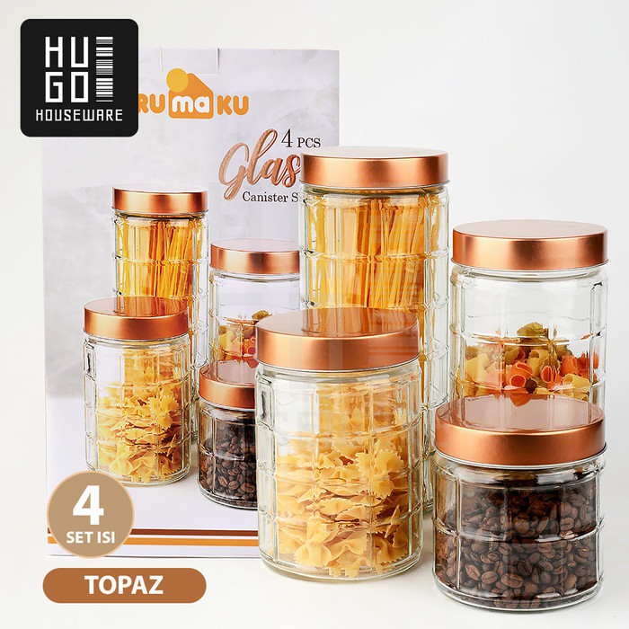

TERJUAL HUGO Toples Kaca Set 4Pcs Toples Kue Kedap Udara Tutup Warna Rose Gold - C - Topaz