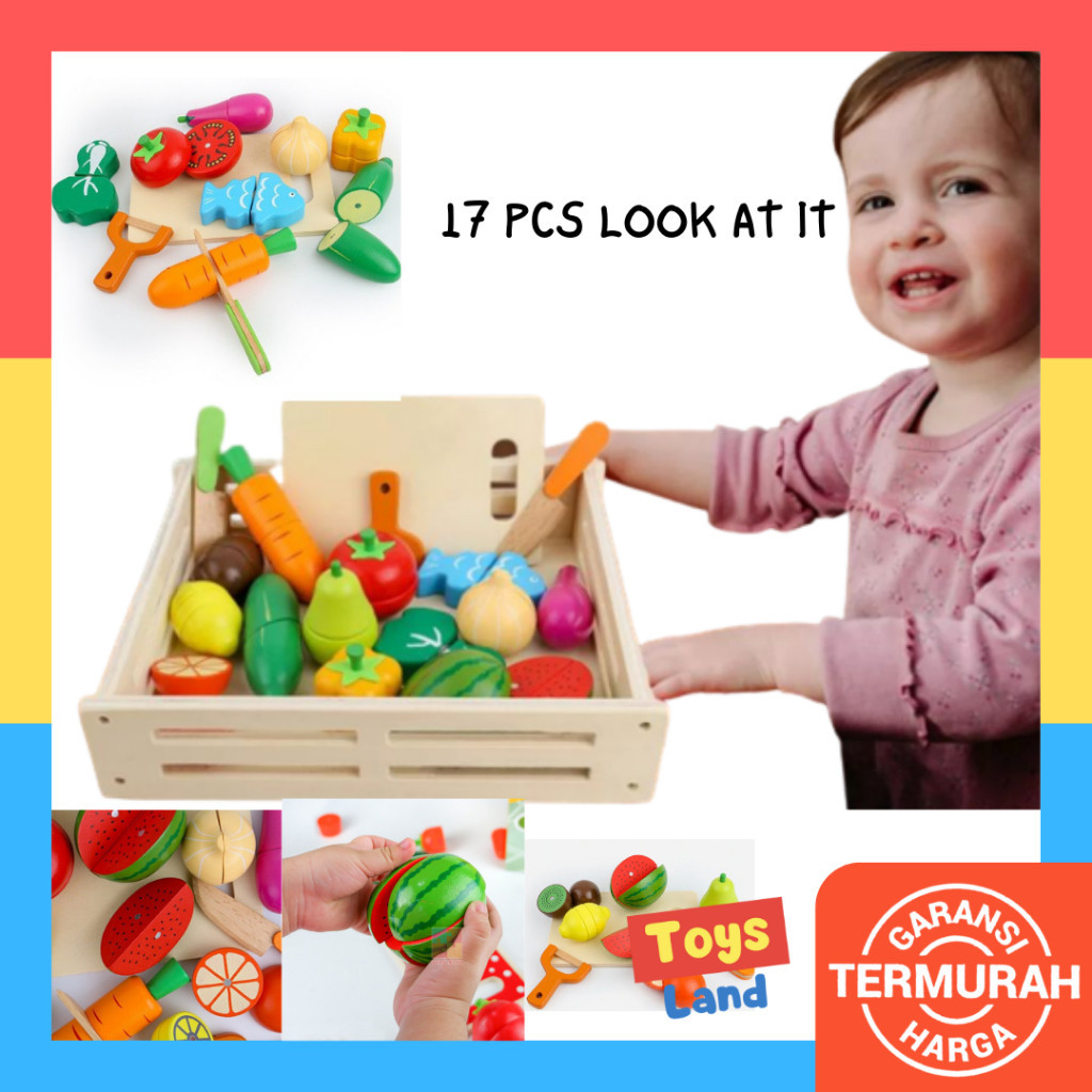 FC54ZA 17Pcs Look At It Mainan Masak Masakan Wooden Toys Mainan Kayu Mainan Dapur Anak Perekat magne