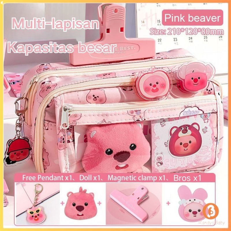 

【Penjual Lokal】Tempat pensil motif kartun Loopy Beaver tempat pensil 9 lapis berkapasitas besar dilengkapi dengan aksesoris boneka