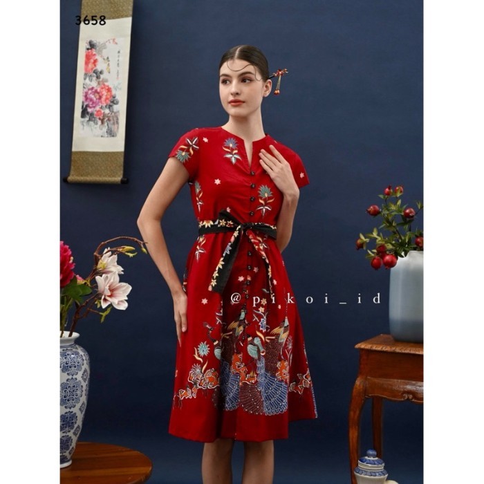 Dress batik wanita modern busui friendly / dress kantor lengan pendek - RED RADISA-3658, JUMBO