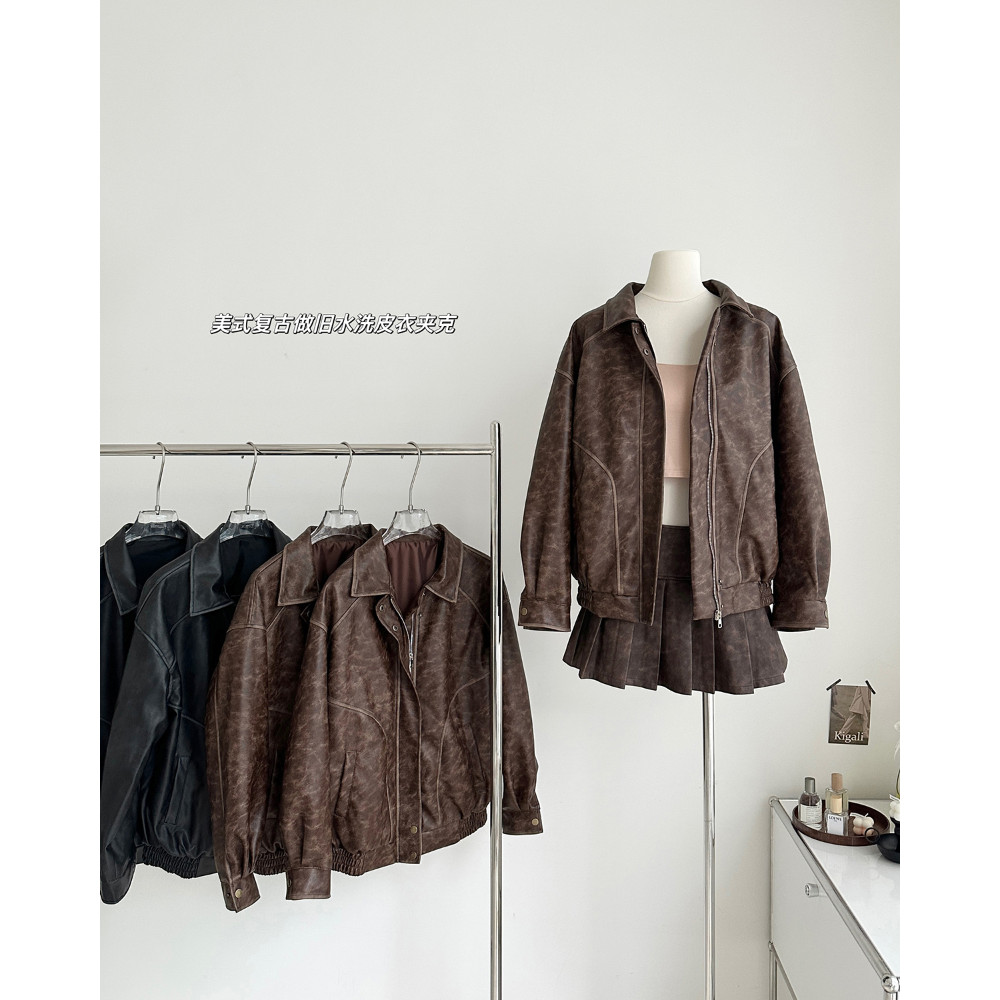 Women's Brown Leather Jacket Coat Vintage PU Motorcycle Jacket Korean Fashion Black Bomber Jacket Ko