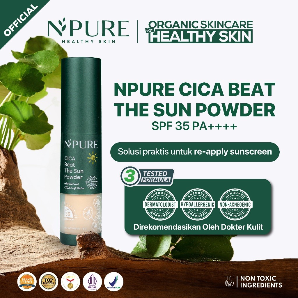 NPURE Sunscreen Powder Cica / Beat the Sun Powder / Sunscreen Bedak & Brush / Bedak Bebas Kilap Miny