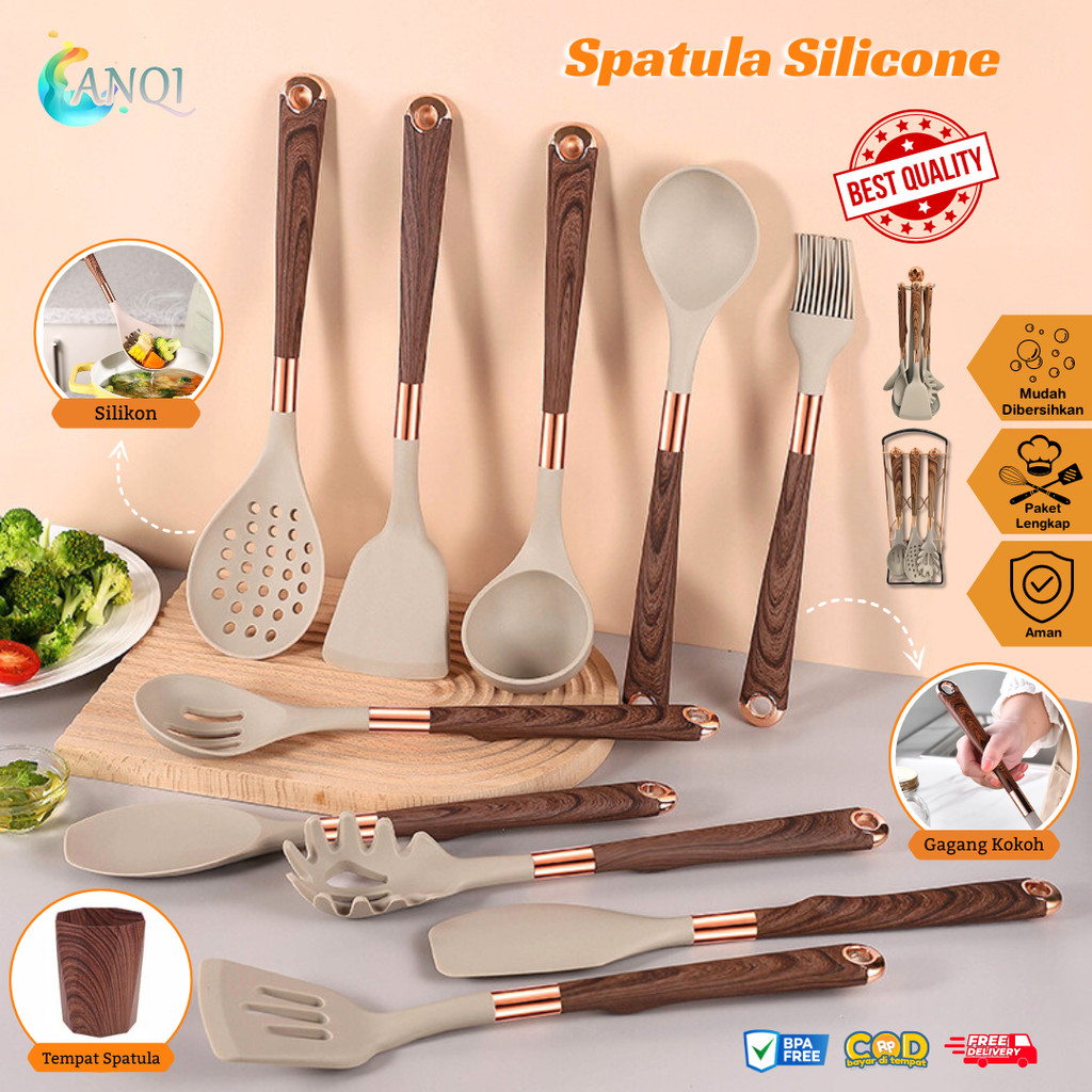 Set Spatula Silikon 7in1 Premium Warna Coklat Alat Masak Anti Lengket Hadiah Pernikahan Hampers Souv