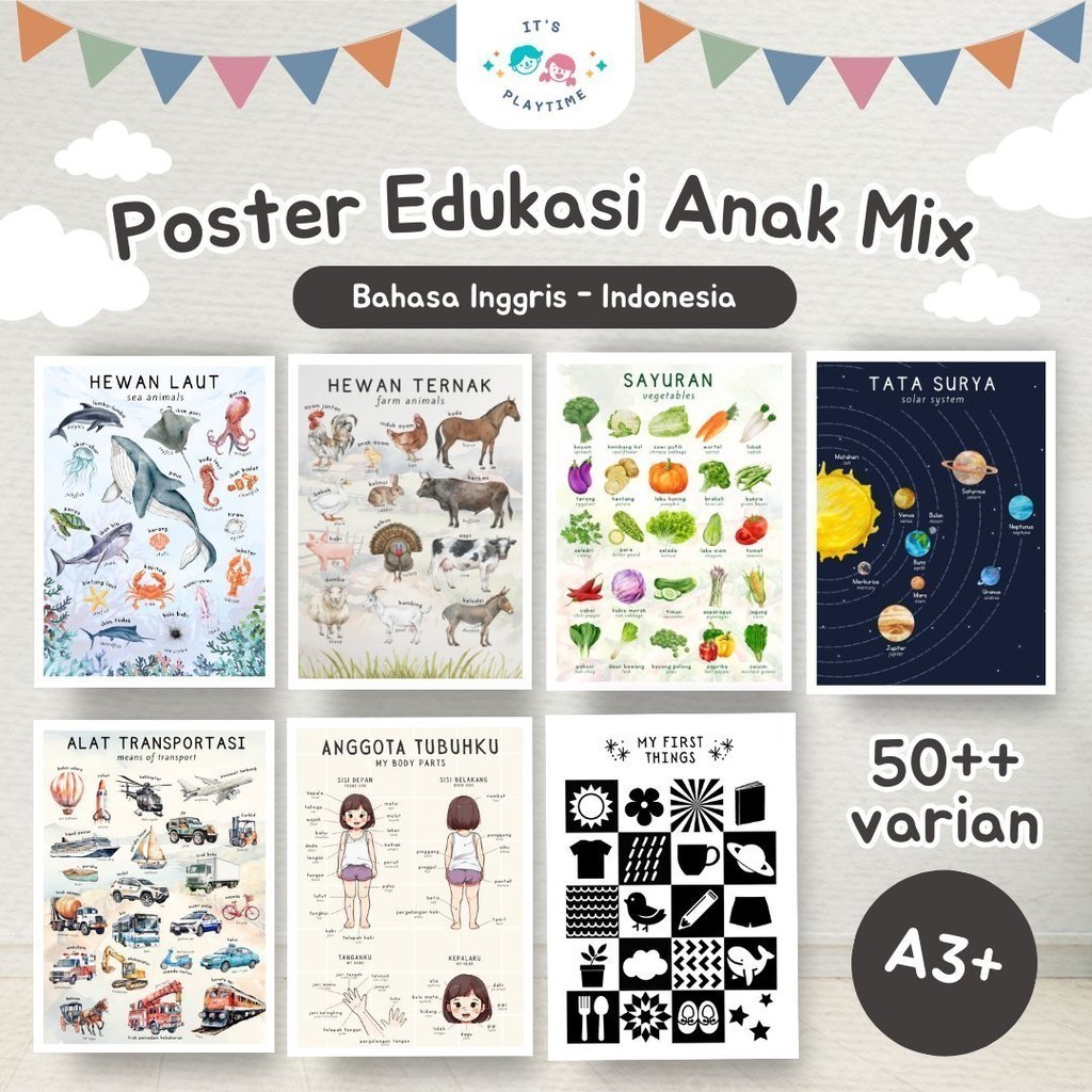 Poster Edukasi Anak Aesthetic A3+ LAMINASI - Seri Hewan Flora Abjad Angka Profesi Emosi Hijaiyah | 2