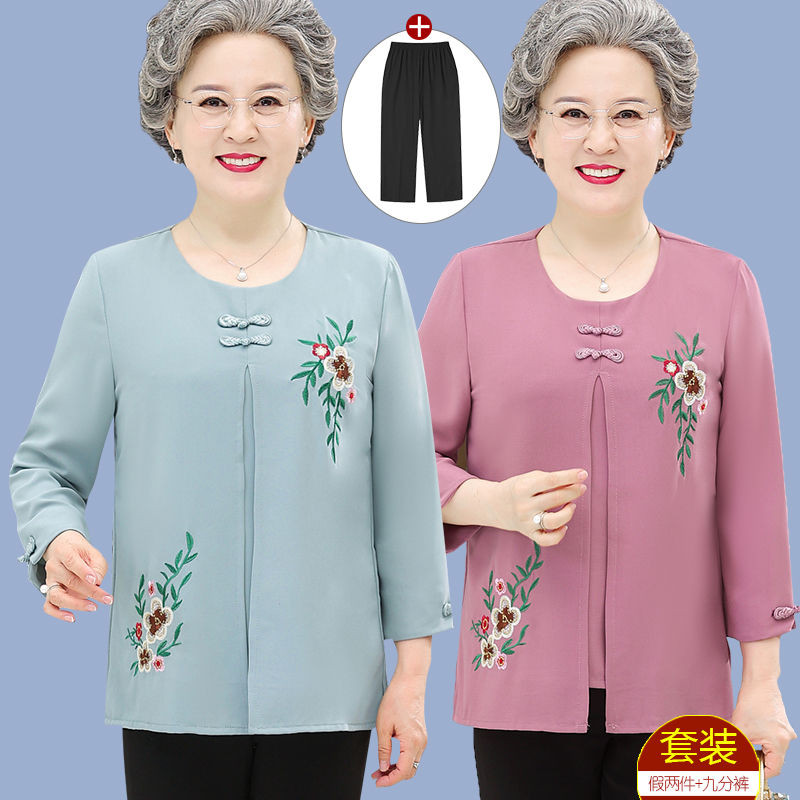 Kemeja musim panas lansia wanita pakaian nenek pakaian musim semi dan musim gugur model leher bulat 