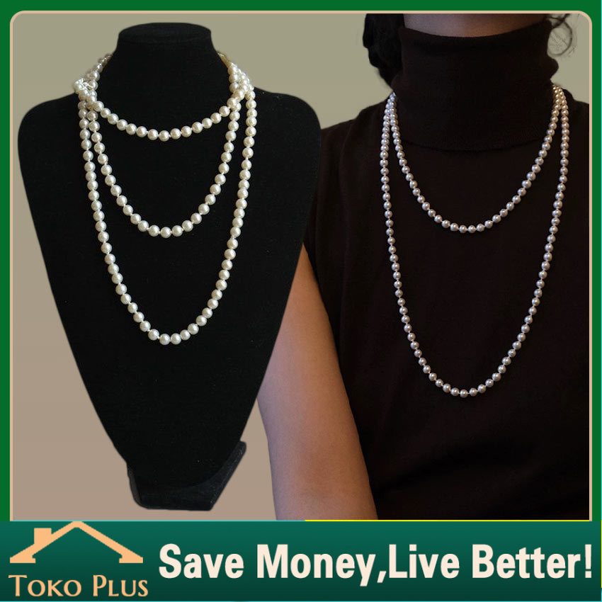 150CM Kalung Mutiara Putih Panjang Wanita Sequinn Pesta Aksesoris Flapper Great Gatsby | Kalung Muti