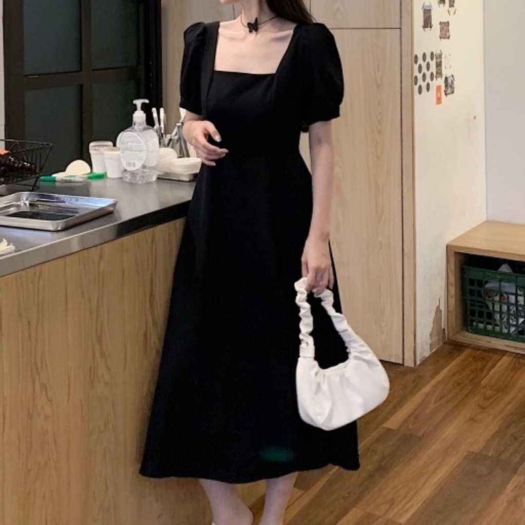 Dress Korea / SKZ15 ~ Dress Korea Style Dress Lengan Pendek Gaun Midi a-line Hitam Minimalis Fashion