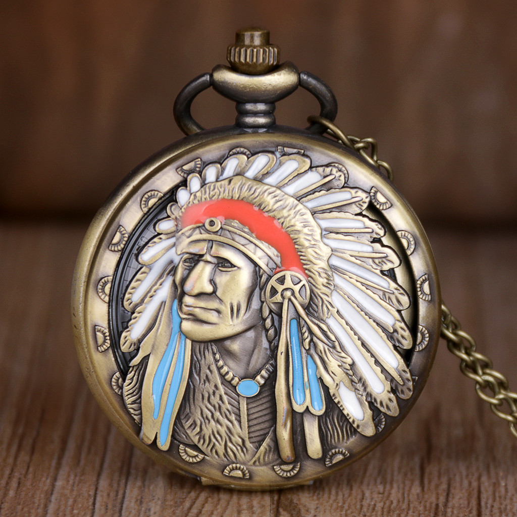 Best Sales Ancient Indian Old Man Colorful Portrait Design Quartz Fob Pocket Watch Bronze Pendant Ne