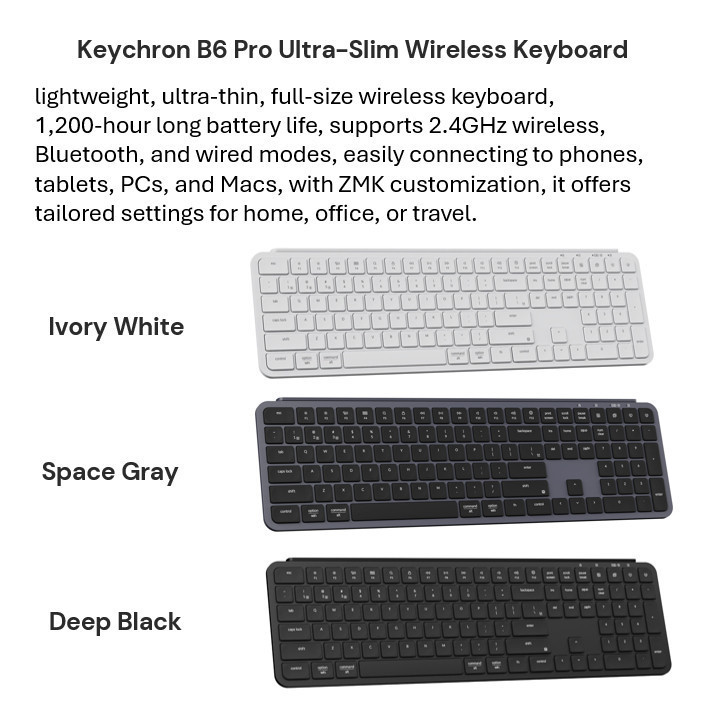 Keychron B6 Pro Keyboard Nirkabel Ultra Tipis untuk Mac & Windows - Full Size, 109 Kunci