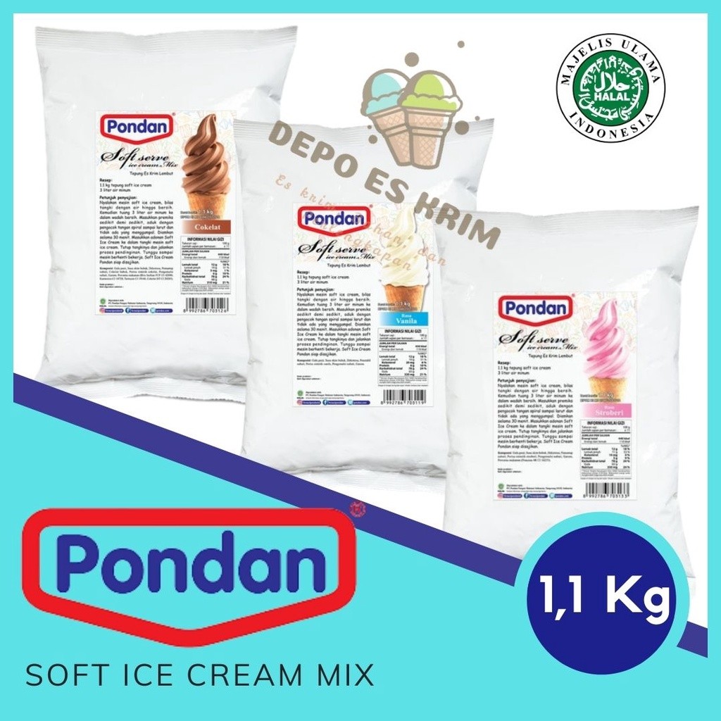 

PONDAN Soft Serve Ice Cream Mix 1,1 Kg ( Bubuk / Bahan / Tepung Premiks Es Krim Bulky 1,1Kg )