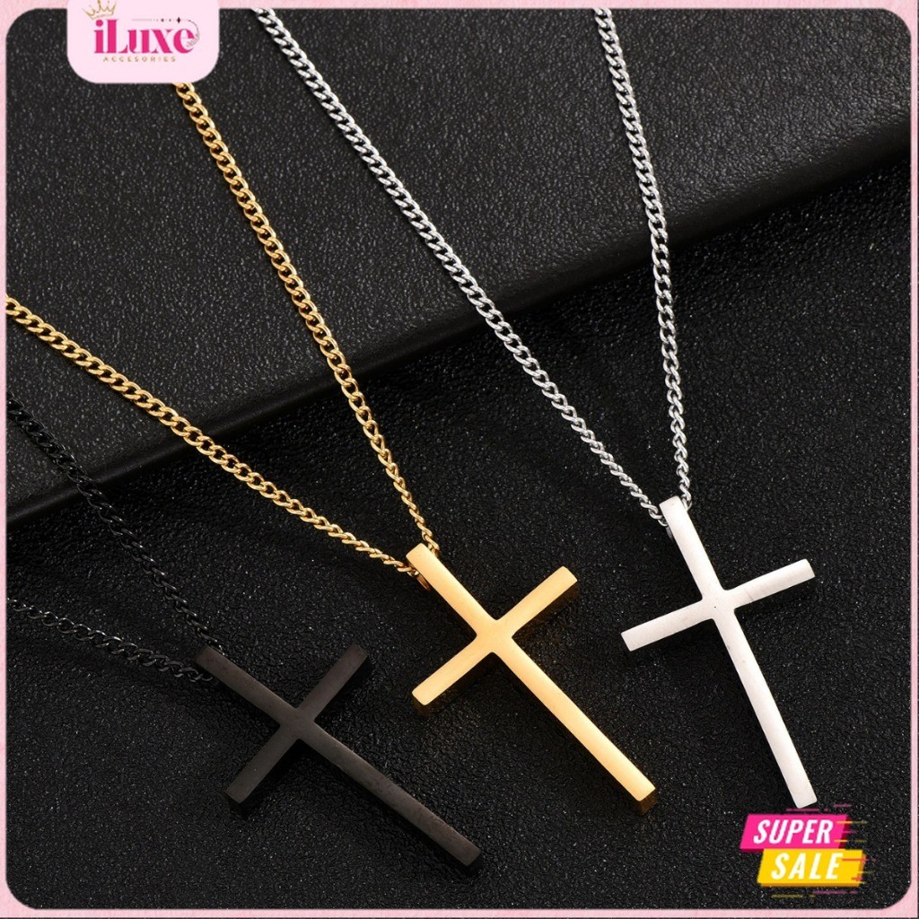 COD Kalung Titanium Rantai Salib Pria Wanita Kristen Anti Karat Retro Polos Perhiasan Emas