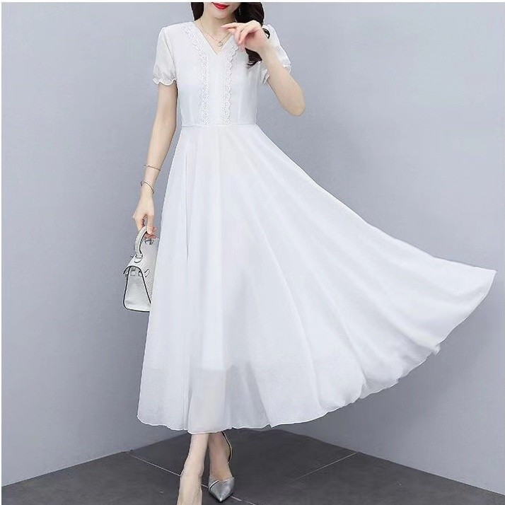 NANA Dress Putih Wanita Korean Style / White Dress Flowy V neck  Lemgan Panjang