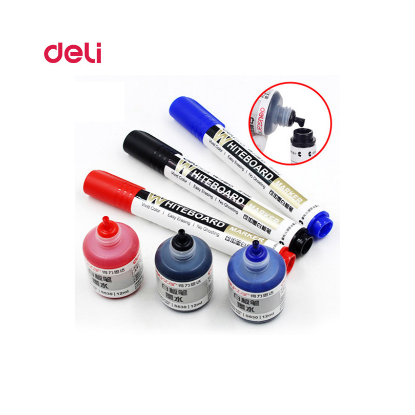 

Deli Erasable Whiteboard Marker Pen Office Markers Dry Erase Blue Black Red Office Supplies 1 Pcs Blackboard 1 Ink Bottle Set