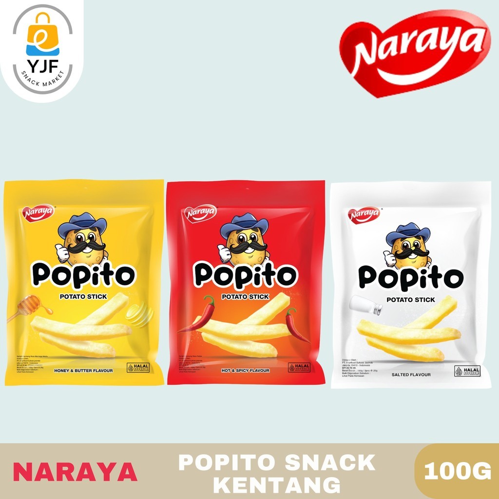 

NARAYA POPITO Potato Stick Kemasan 100g Snack Kentang Rasa Honey Butter Hot Spicy Salted / Honey Butter / Snack Kentang / Ciki Kentang
