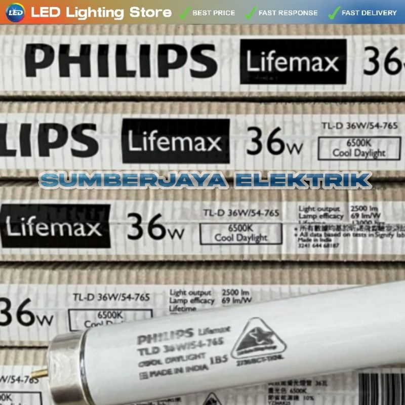 Lampu TL-D Philips 36W Watt 765 LIFEMAX 120cm 1200mm Putih