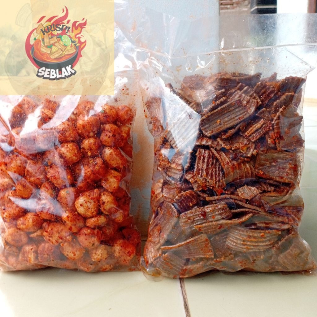 

Seblak krispi {BUNDLE} Kerupuk jengkol pedas 500gram + Siomay mini kering 500gram pedas daun jeruk