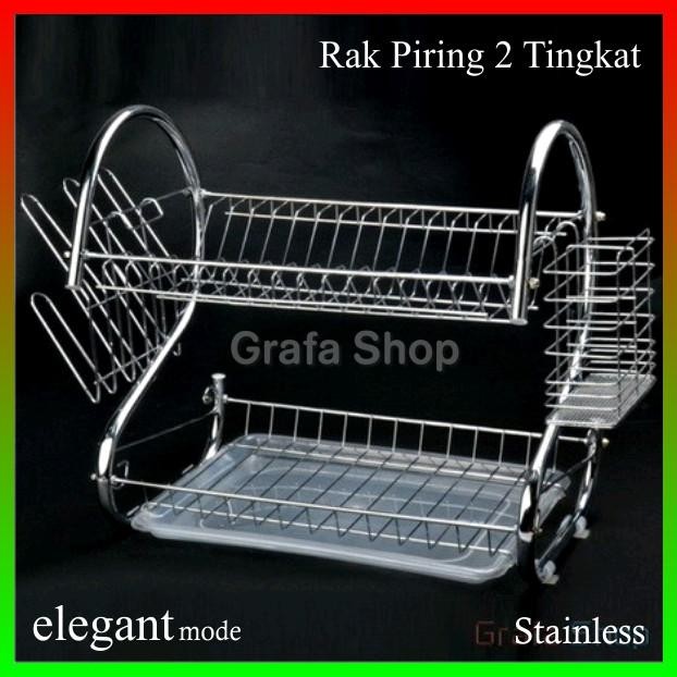 Rak Piring Stainless Chrome 2 Tingkat Tempat Gantung Gelas Sendok Mini