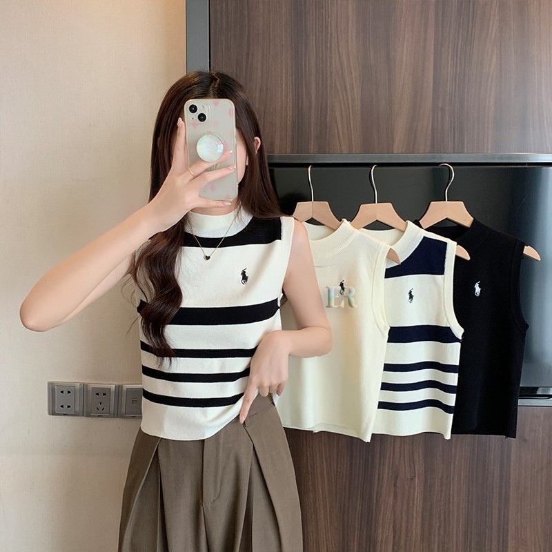Atasan Rajut Premium Polo Tanpa Lengan Polos Salur Garis Garis Strip Import untuk Wanita Dewasa Blou