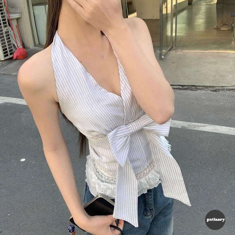 Pita  Bergaris  Leher Gantung  Rompi  Wanita  Renda  Kain Perca  Pas Badan  Atasan  Tanpa Punggung  