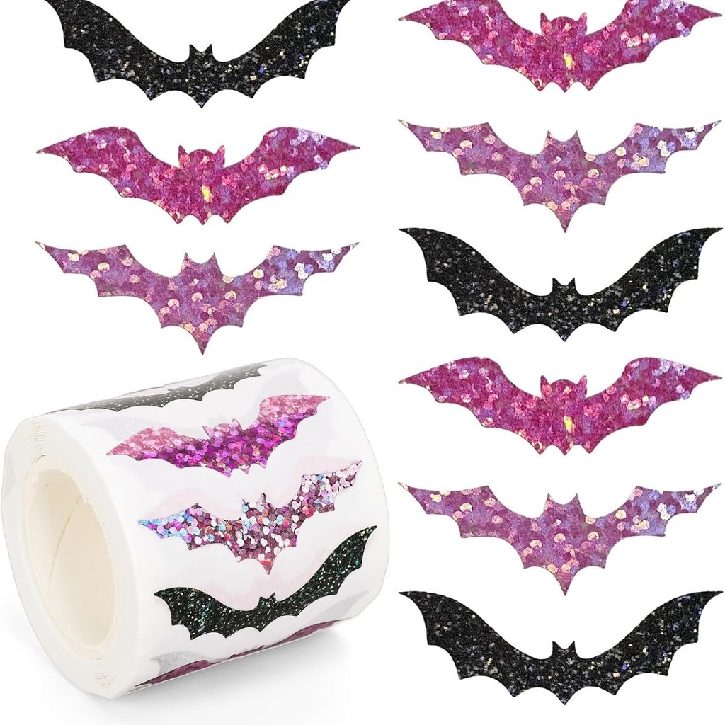 

500Pcs Halloween Bats Stickers Roll Laser Pink Black Bat Seal Sparkly Waterproof Self-Adhesive Decals For Envelope Journal Decor