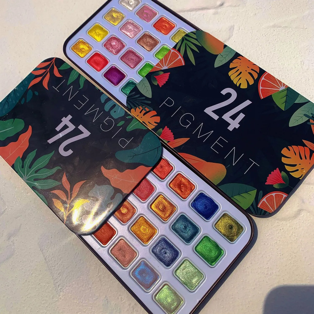 

Beautiful 24 Colors Pearlescent Watercolor Set Pearl Light Pigment Metallic Glitter Oracular Portable Art Students Supplies