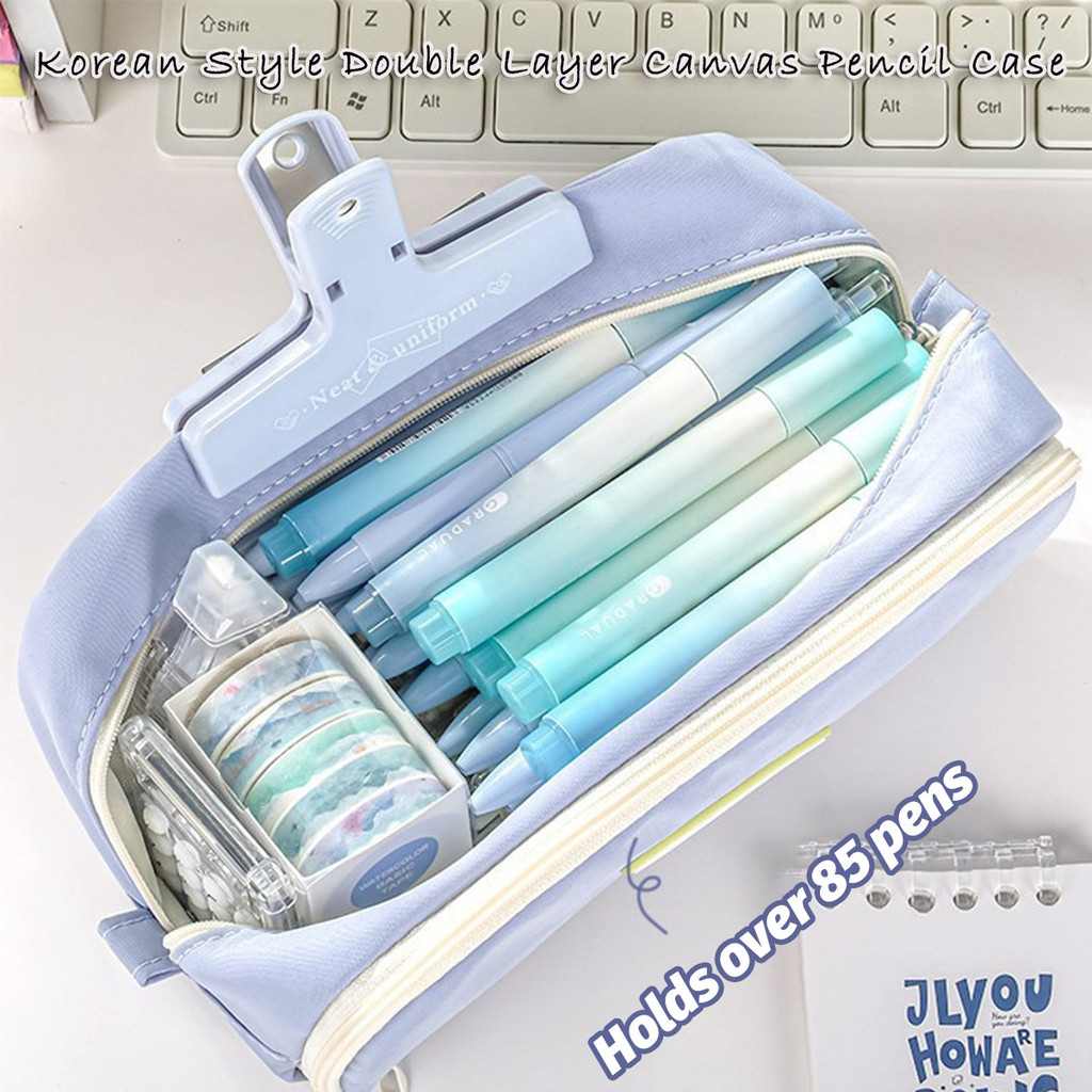 

Korean Style Double Layer Canvas Pencil Case Large Capacity Waterproof Minimal Student Stationery Organizer for School Supplies
