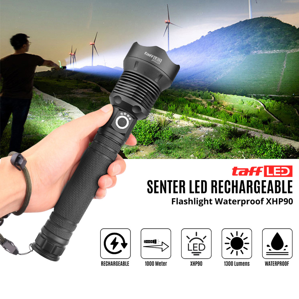 TaffLED Senter LED USB Rechargeable Flashlight Waterproof XHP90