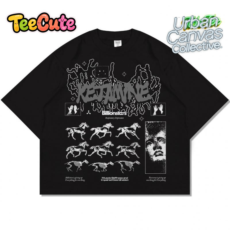 Fashion Reguler Fi Kaos bermotif T-shirt Billionstars Kaos Oversize Boxy Fit Ketamine Hitam Pria dan