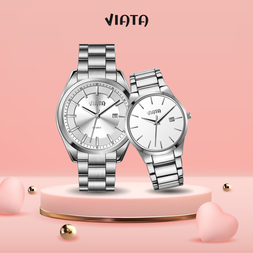 VIATA Jam Tangan Couple 100% Original Fashion Tanggal Analog Stainless Steel Jam Couple Pasangan