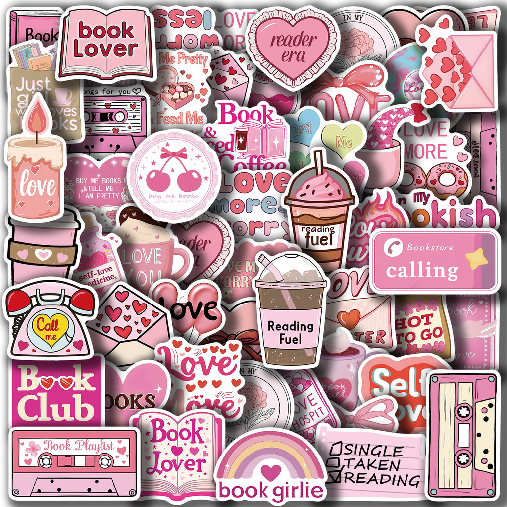 

50pcs Pink Bookish Lover Inspirational Stickers Book Themed Decals for Notebooks Water Bottles Luggage Vinyl Stickers Pack