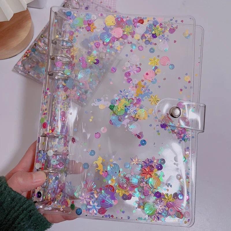 

A5 A6 Transparent Notebook Cover Glitter Sequins 6 Rings Loose Leaf Binder Notebpad Kawaii Diary Journal Planner Office Supplies