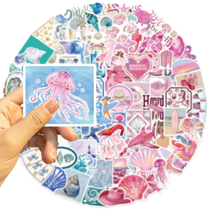

100PCS Blue Pink Ocean World Stickers Aesthetic Mixed Cartoon Cute Halobios Decal For Kid Toy DIY Suitcase Notebook Phone Helmet
