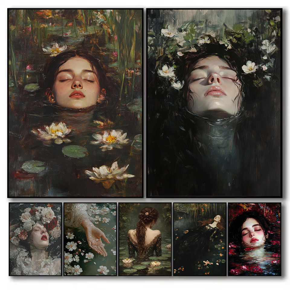 

Antique Gothic Ophelia Drowning Dark Academia Victorian Woman Poster Canvas Painting Wall Art Pictures Home Interior Decor
