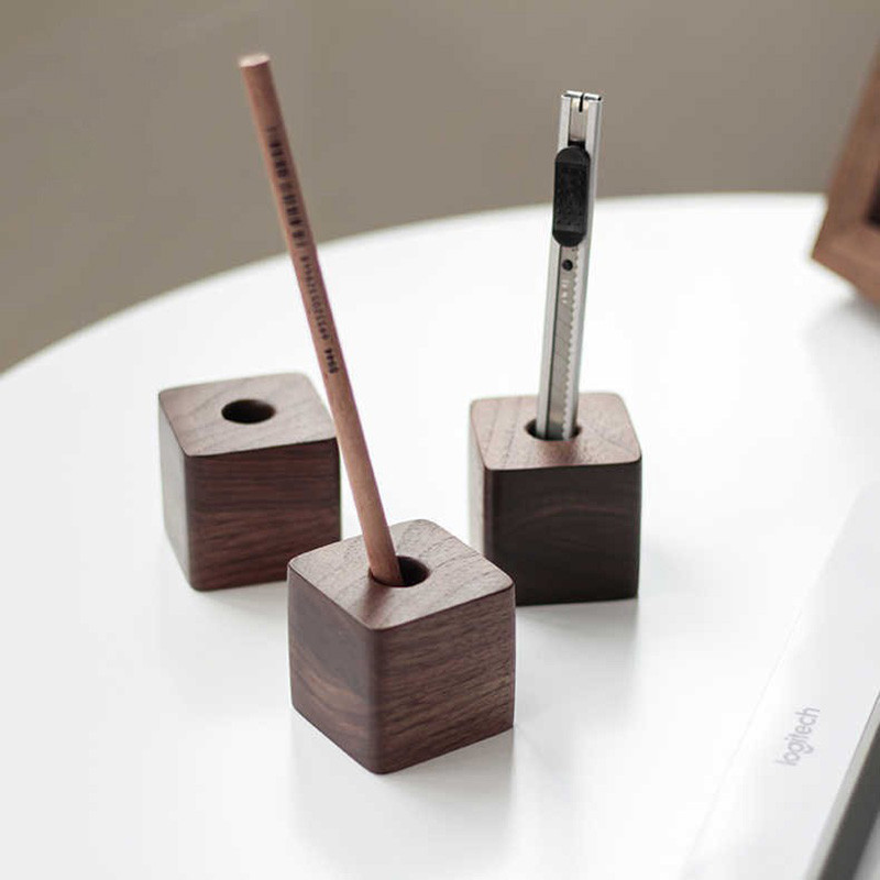 

1pc Walnut Wood Pen Holder Pen Container For Desk Stationery Storage Creative Square Shape Pen Hole Pencil Slot Pencil Stand