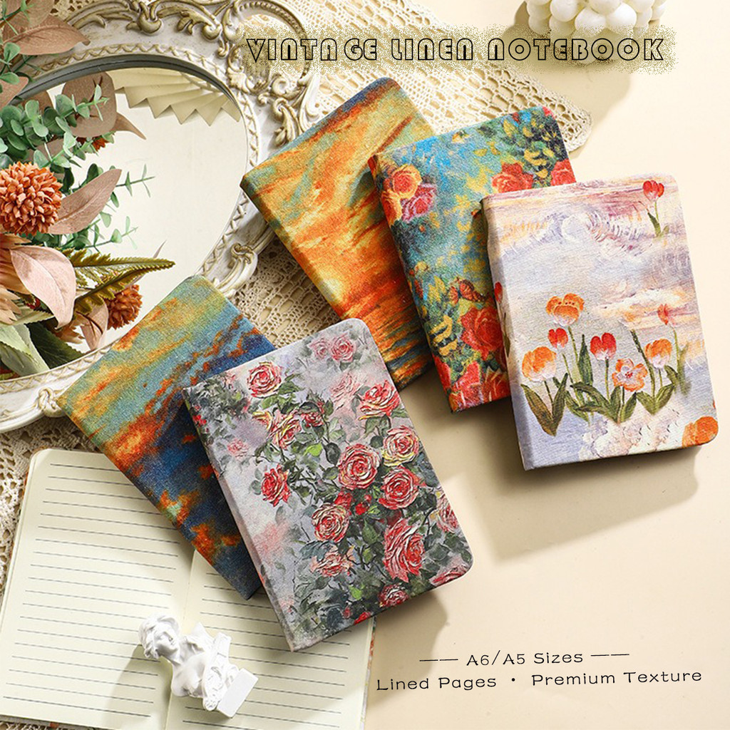 

​Korean Kawaii Linen Notebook 200 Pages 100GSM Acid-Free Paper A5/A6 Vintage Study Journal for Student Women Stationery Gift Set