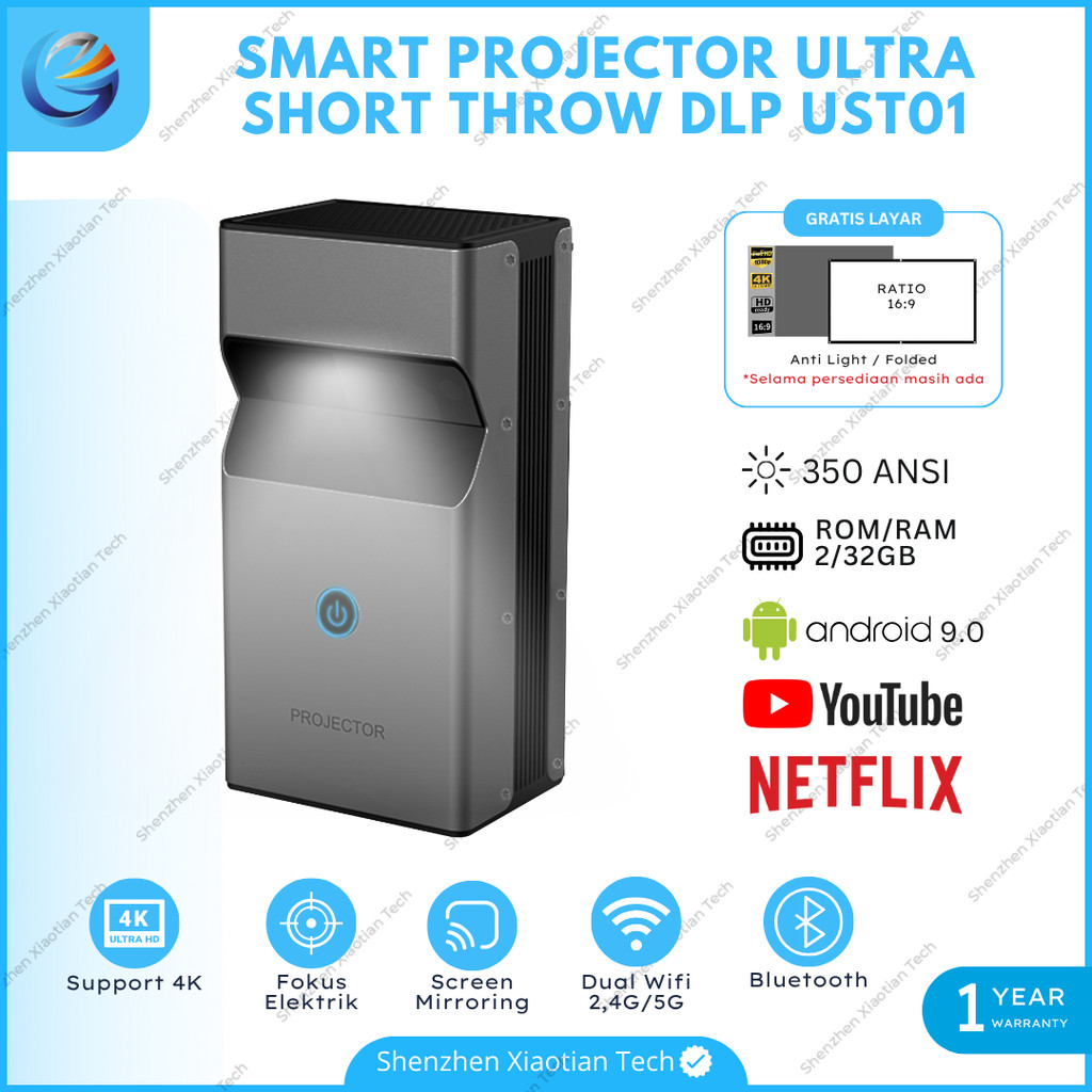 Proyektor Mini DLP Ultra Short Throw UST01 Android Wifi 350 Ansi Lumens | Proyektor Android 4K Full 