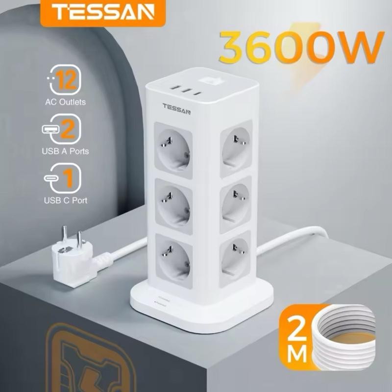 TESSAN TS-TPS04-DE-C-GR Stop Kontak Soket Multi Outlets Power Strip 12 Lubang Outlet EU Colokan & 2 