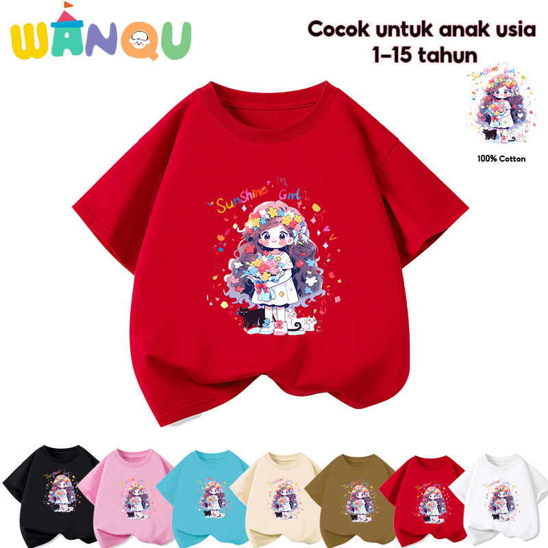 【WANQU】Gaya spot baru. Kaos Anak import imut-imut 100% Gadis kecil dengan karangan bunga cerah Kaos 