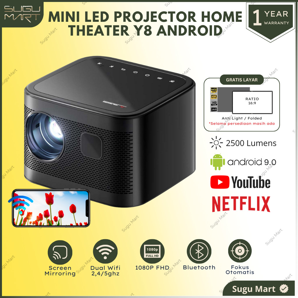 Proyektor Android | Proyektor Mini Led Y8 Android 2500 Lumens 2 / 16 GB Full HD 1080p | Proyektor An