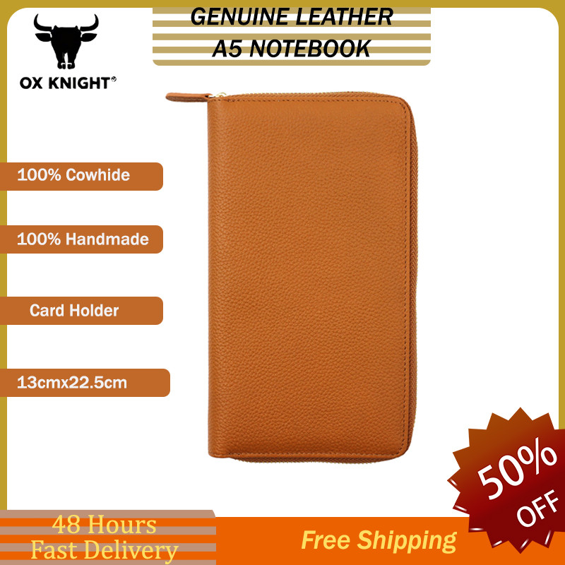 

OX KNIGHT 2025 New Genuine Leather Zippered Weeks Cover Notebook Multifunction Coin Litchi Pattern Zipper Clutches Purse