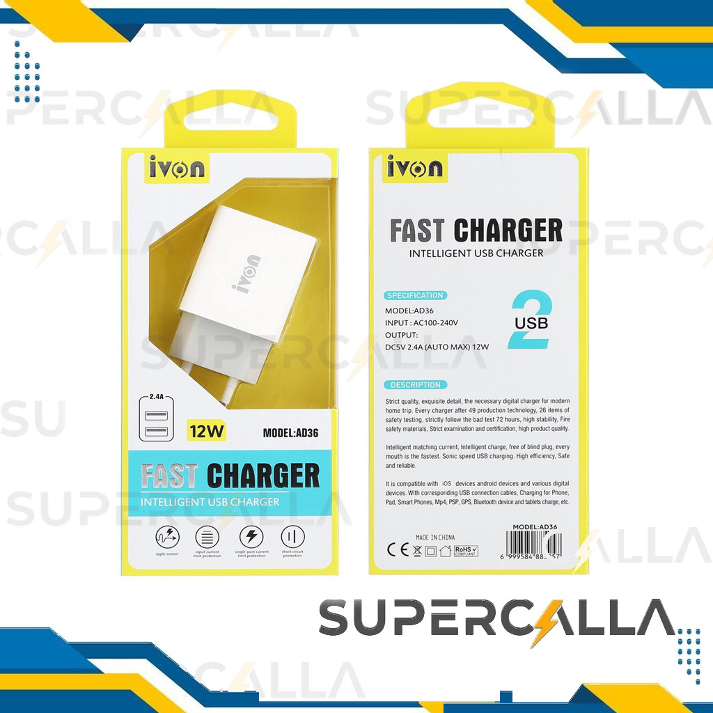 iVON Kepala / Batok Charger 2.4A Dual USB Charger EU Plug FAST CHARGER INTELLIGENT USB CHARGER